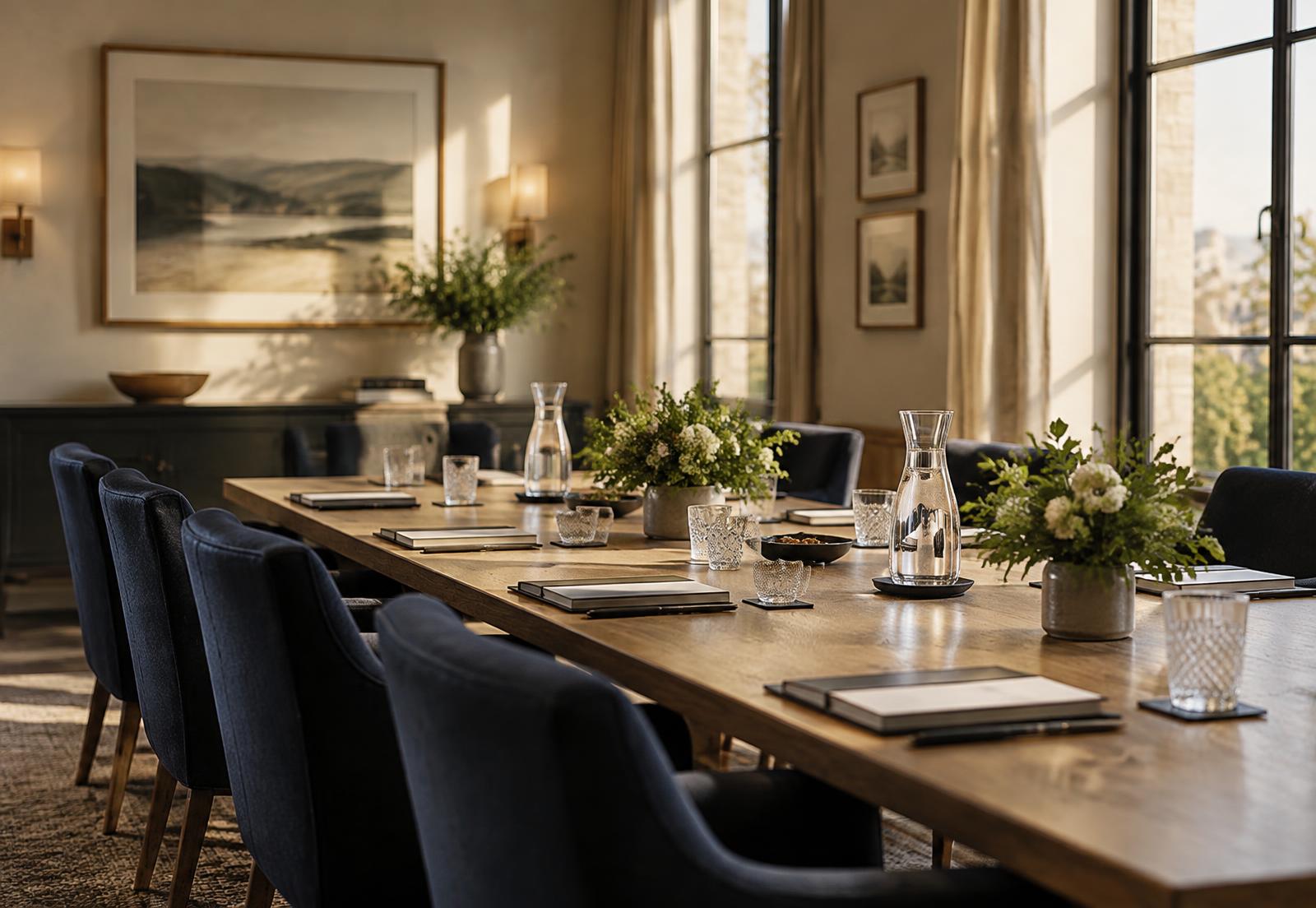 Boutique hotel meeting room prepared for a corporate team offsite