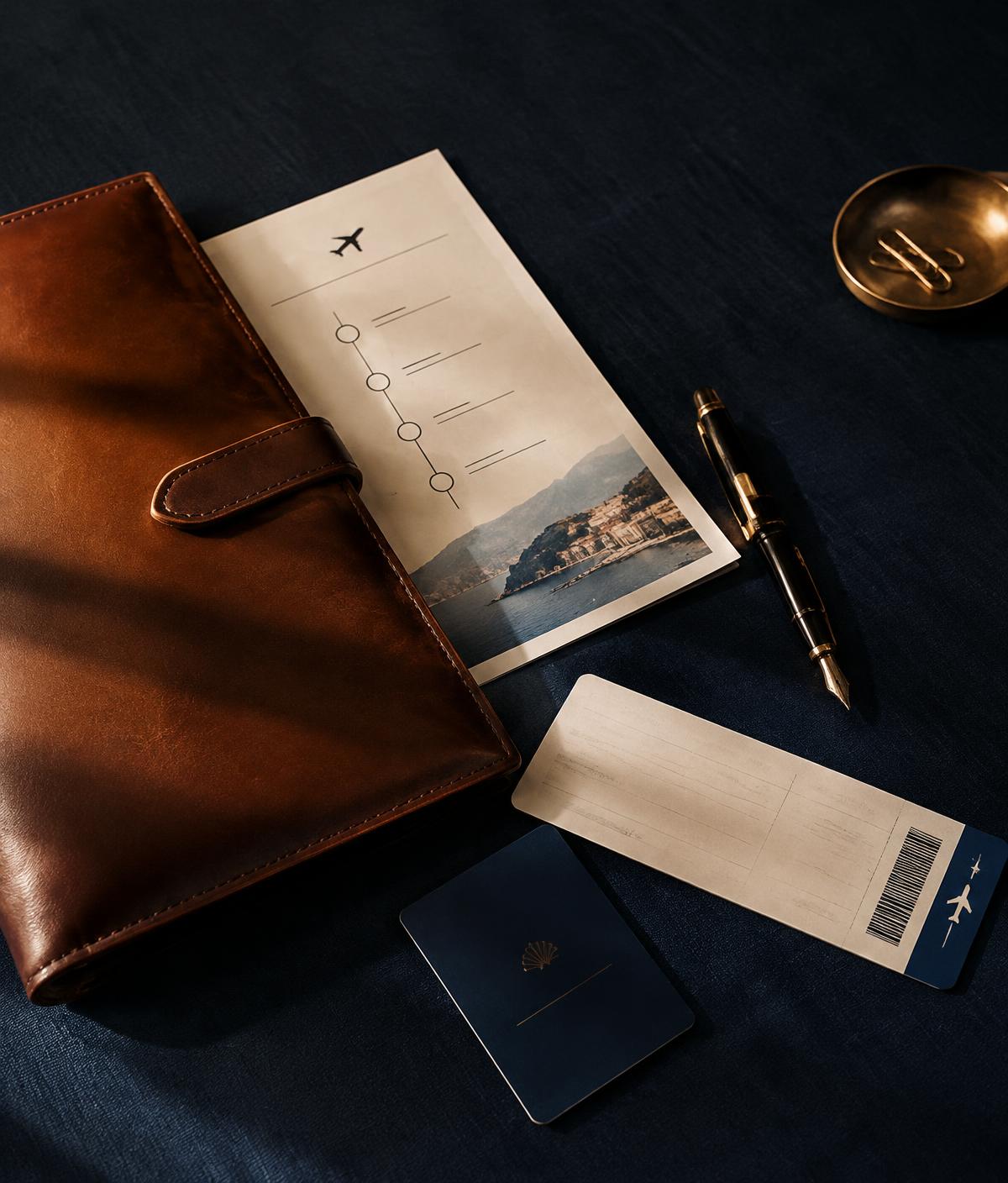 Leather travel folio with printed executive itinerary and boarding pass